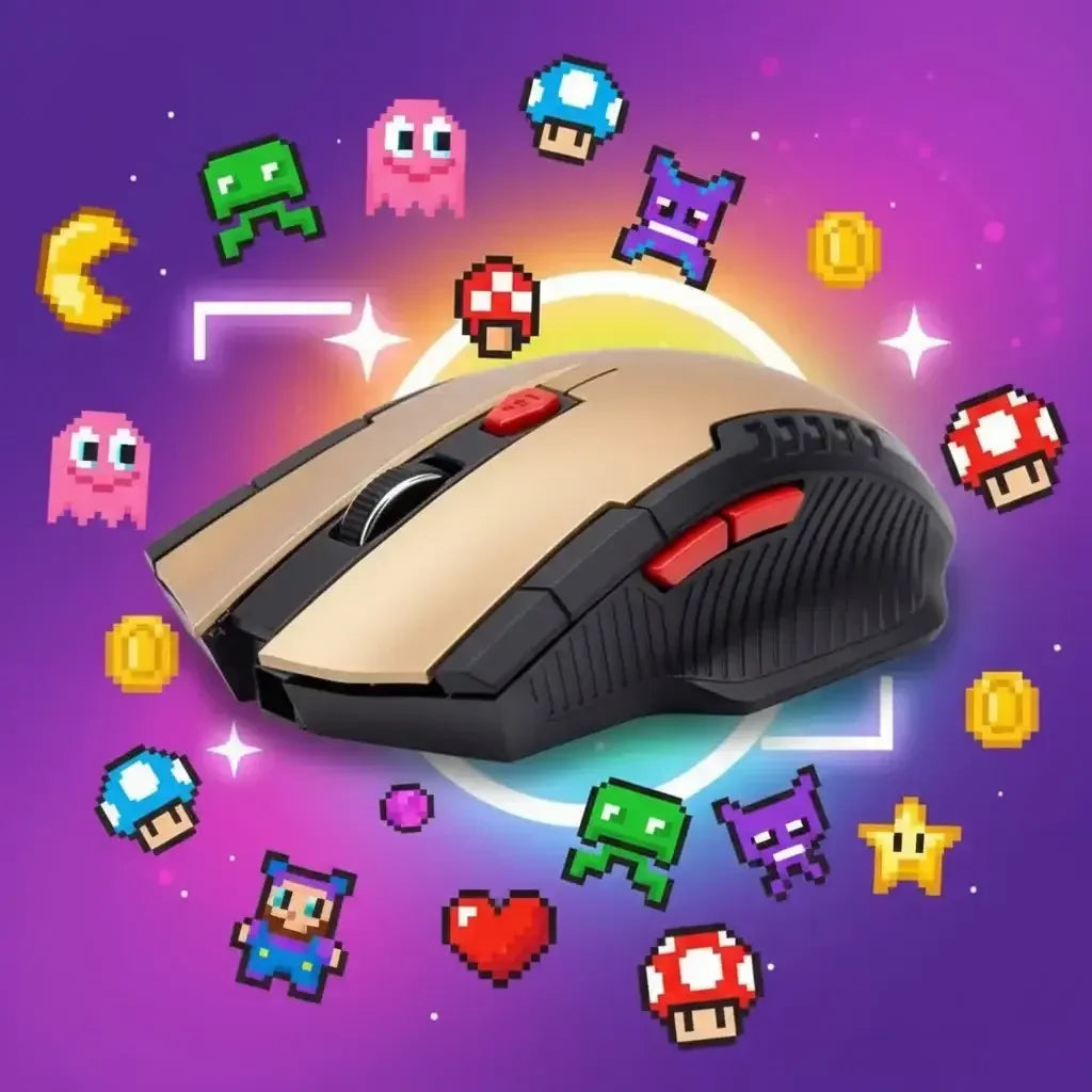 Gold and black gaming mouse surrounded by retro pixel art characters and items on purple background