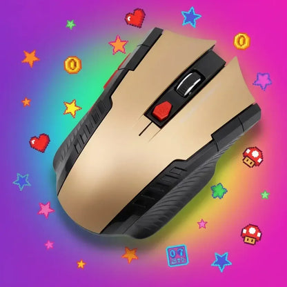Gold and black gaming mouse with red button and scroll wheel, surrounded by colorful pixel art icons