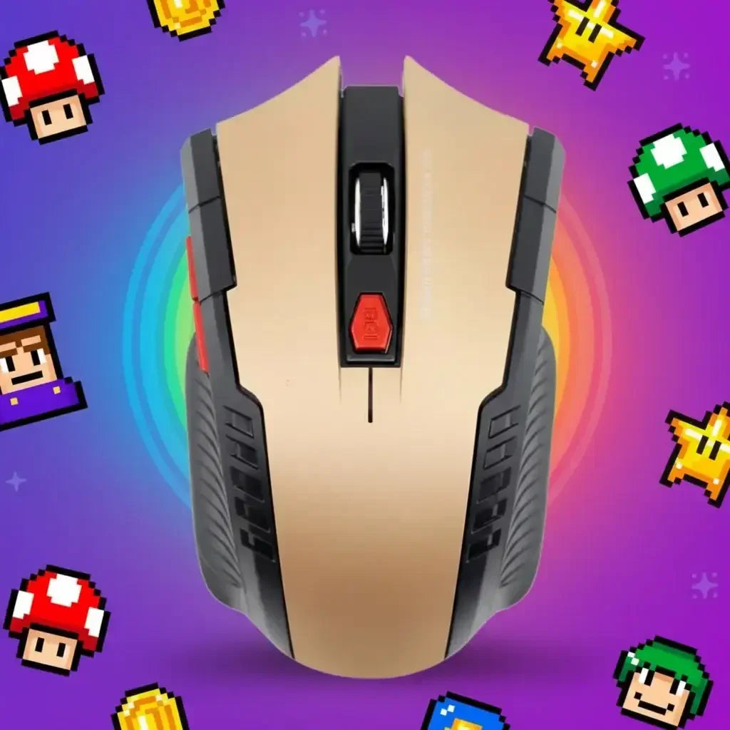 Gold and black gaming mouse with red DPI button surrounded by pixel art mushrooms and coins