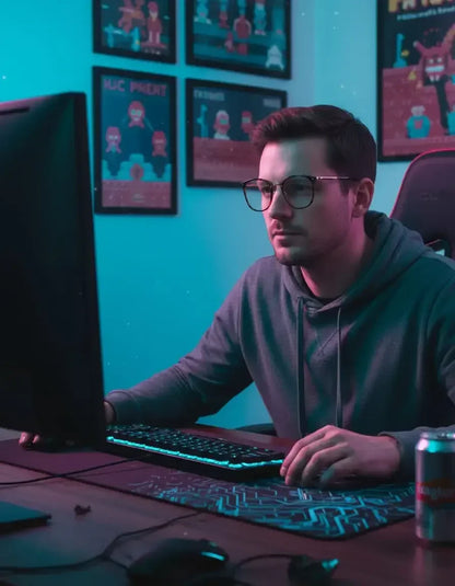 Young man wearing glasses and a hoodie using a desktop computer in a room with gaming posters and blue lighting