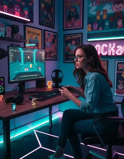 Woman with glasses intensely playing video game on PC in neon-lit gaming room with pixel art decor