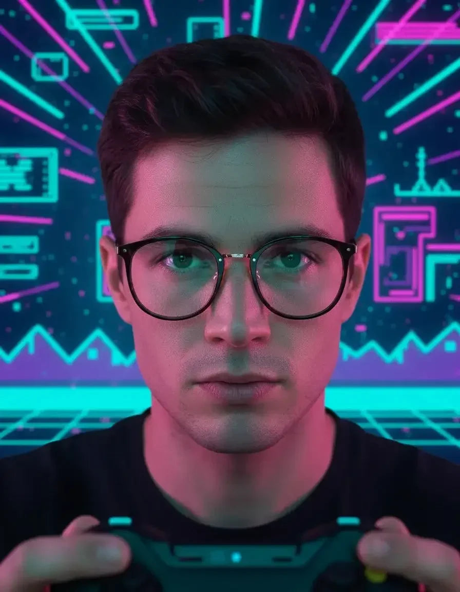 Young man with glasses playing video games with neon retro futuristic background
