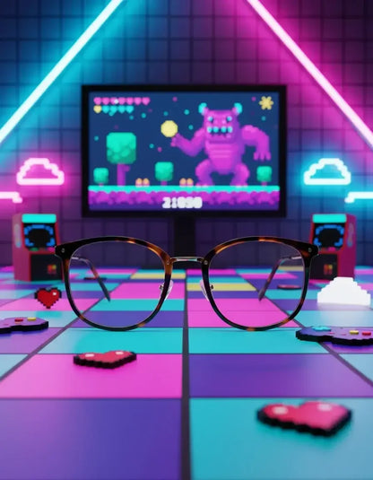 Tortoiseshell eyeglasses on colorful tiled floor in neon-lit retro arcade with pixel game screen