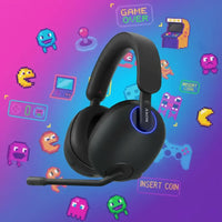 Black Sony gaming headset with microphone on colorful retro pixel art background featuring arcade icons and game imagery