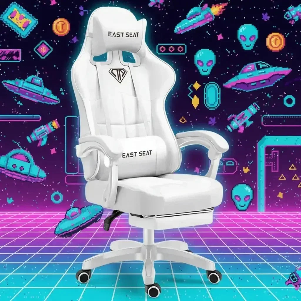 White EAST SEAT gaming chair with headrest and lumbar pillow on vibrant retro pixel art space background