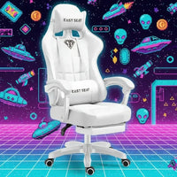 White EAST SEAT gaming chair with headrest and lumbar pillow on vibrant retro pixel art space background