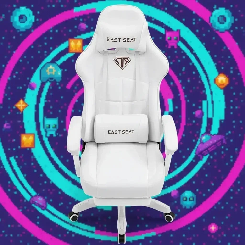 White EAST SEAT gaming chair with headrest and lumbar support on colorful pixel art background