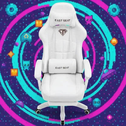 White EAST SEAT gaming chair with headrest and lumbar support on colorful pixel art background