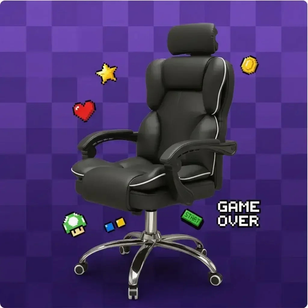 Black gaming chair with headrest on purple background, pixel icons and 'Game Over' text
