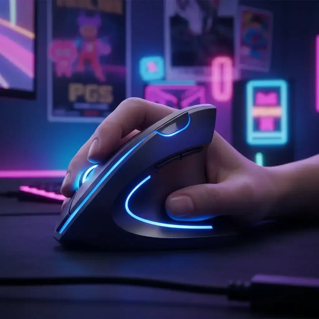 Hand holding ergonomic RGB gaming mouse on desk with neon lights in gaming setup
