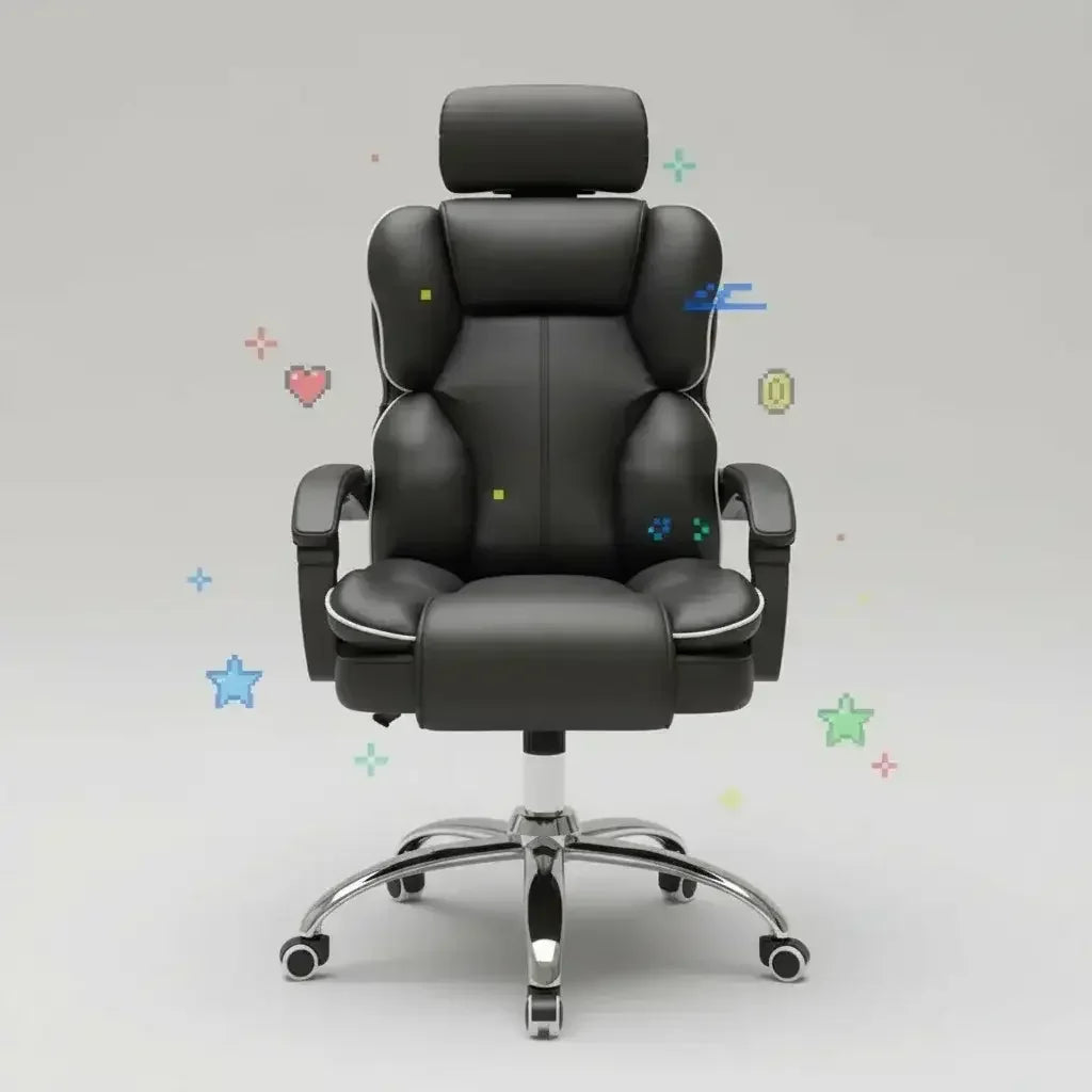 Black ergonomic gaming chair with headrest and armrests on a light background with pixel art icons.