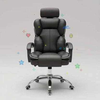 Black ergonomic gaming chair with headrest and armrests on a light background with pixel art icons.