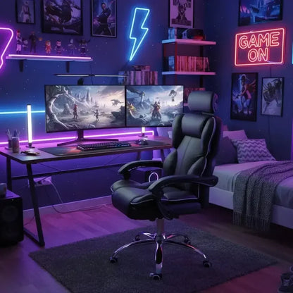 Modern gaming setup with dual monitors, LED neon lights, ergonomic chair, and decor