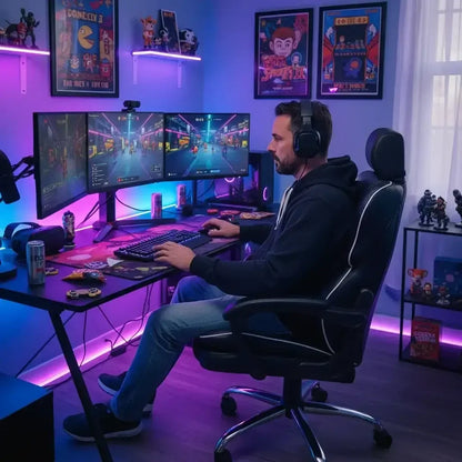 Man gaming at triple monitor setup in LED-lit room with gaming decor and collectibles.