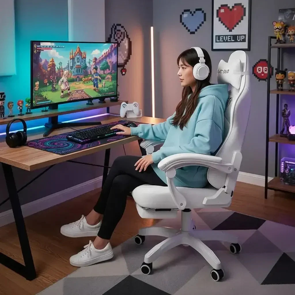 Woman in blue hoodie gaming on PC with white headphones and ergonomic white gaming chair