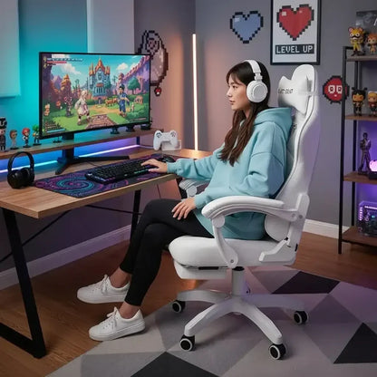 Woman in blue hoodie gaming on PC with white headphones and ergonomic white gaming chair