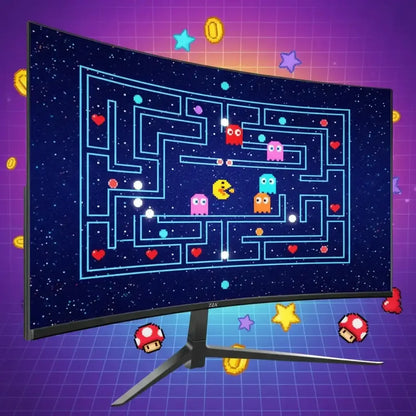 Curved gaming monitor displaying a retro Pac-Man style maze game with pixelated ghosts and collectibles against a space-themed background