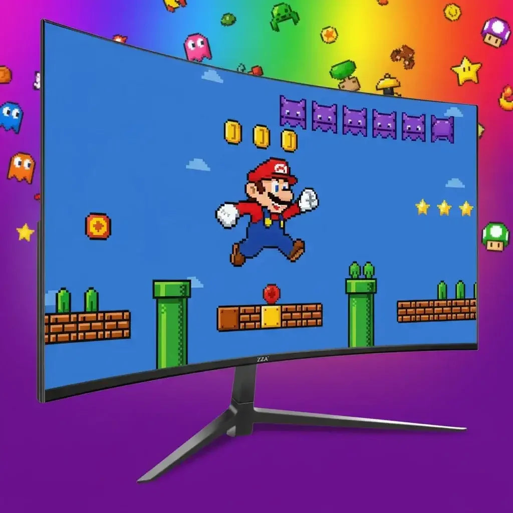 Curved gaming monitor displaying pixel art platform game with colorful retro characters