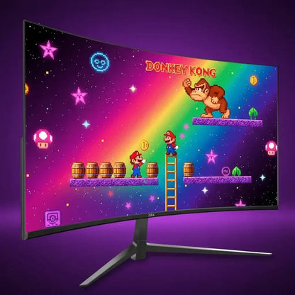 Curved gaming monitor on purple background displaying pixelated Donkey Kong scene with Mario, barrels, rainbow backdrop