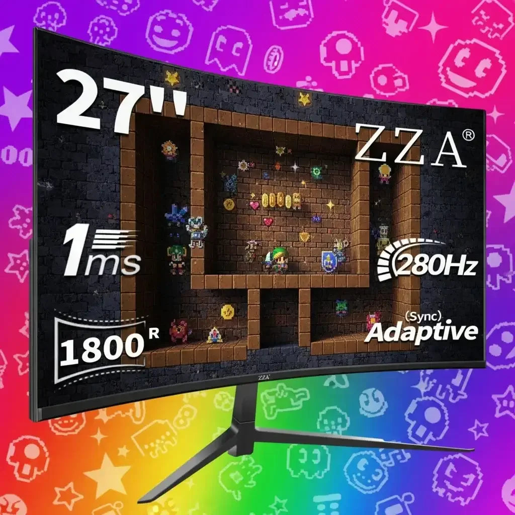 27-inch curved ZZA gaming monitor with 1ms response, 280Hz refresh rate, and 1800R curvature on colorful retro pixel art background