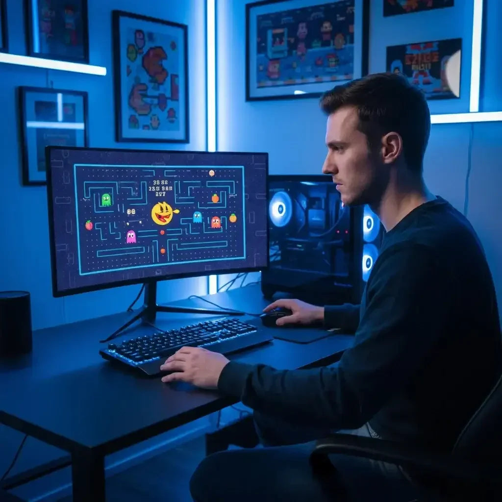 Man playing Pac-Man on desktop computer in blue-lit gaming room with arcade art on walls