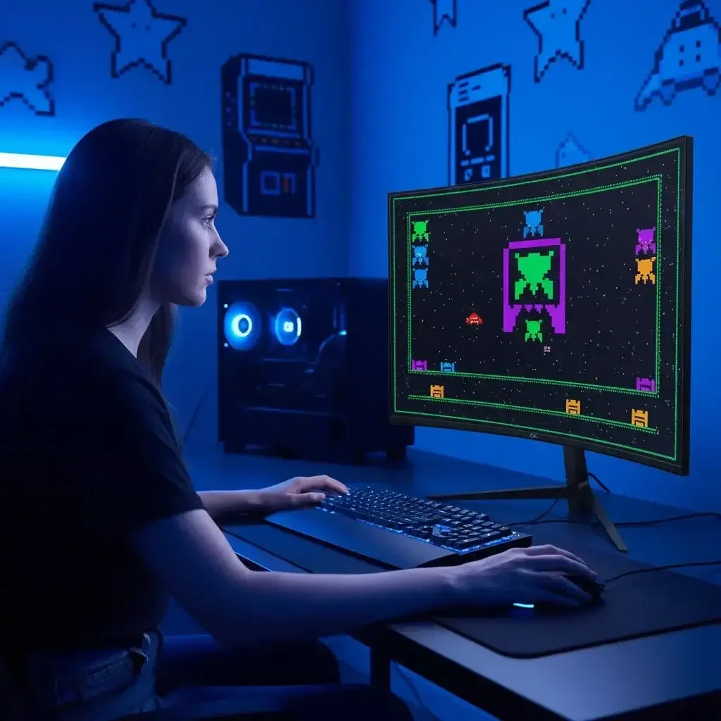 Woman gaming at a PC setup with neon lights and retro space invader decor