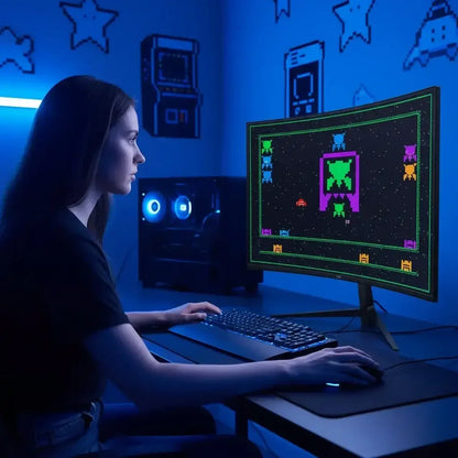 Woman gaming at a PC setup with neon lights and retro space invader decor