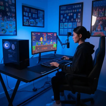 Woman streaming a retro video game at a modern gaming PC desk setup, surrounded by gaming posters