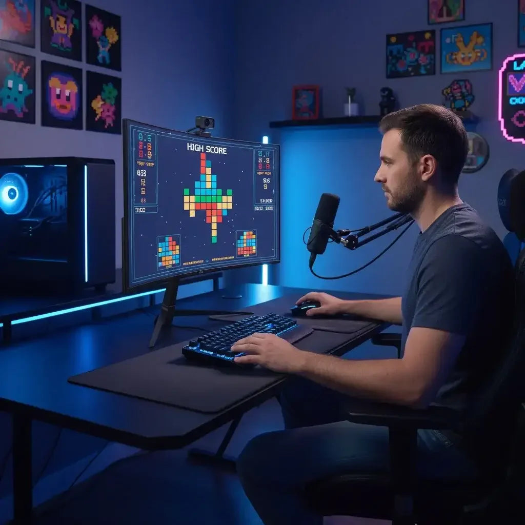 Man playing retro-style puzzle video game on RGB keyboard setup in a blue-lit gaming room with pixel art decor