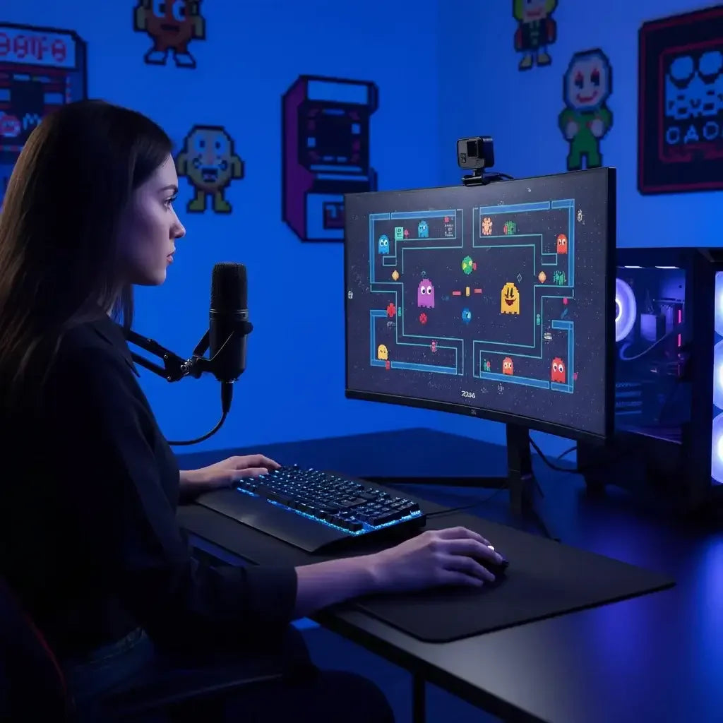 Woman gaming with RGB keyboard and mouse on a curved monitor showing retro arcade game in blue-lit room