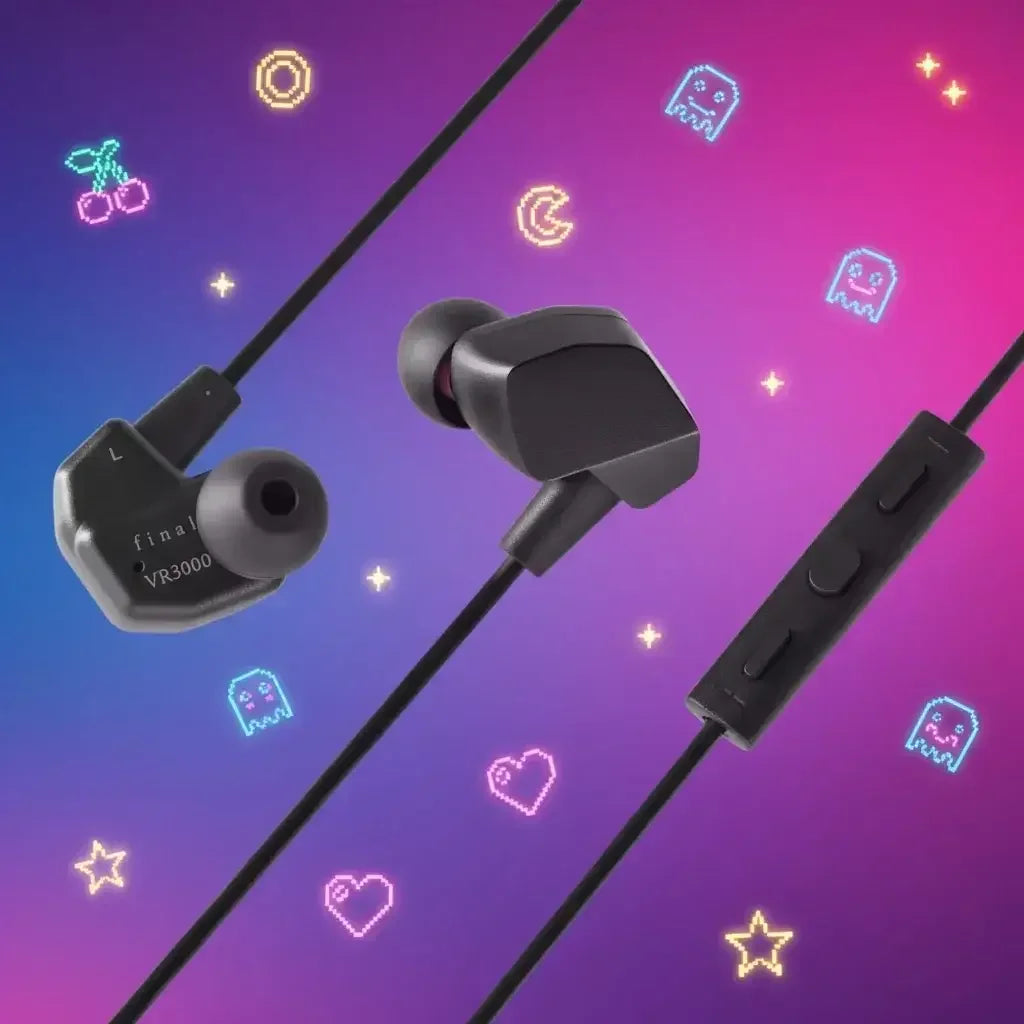Final VR3000 black wired earbuds with inline remote, retro gaming icons on purple-blue gradient background
