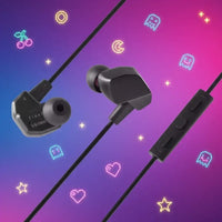Final VR3000 black wired earbuds with inline remote, retro gaming icons on purple-blue gradient background