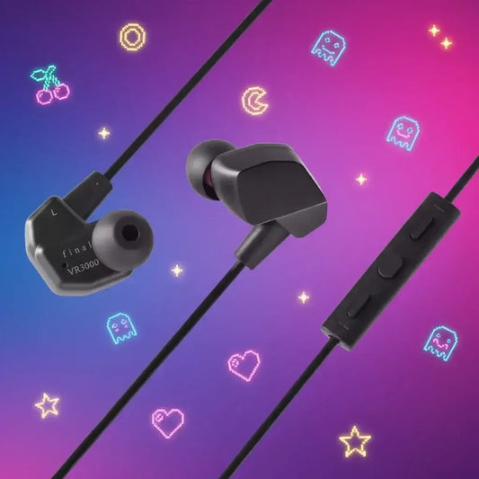 Final VR3000 black wired earbuds with inline remote, retro gaming icons on purple-blue gradient background