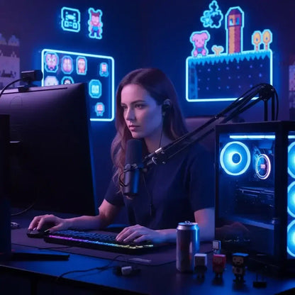 Focused female gamer streaming with RGB keyboard, gaming PC, and retro pixel art decor in dark room