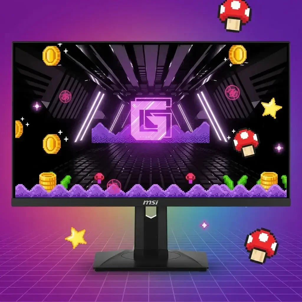 MSI gaming monitor with pixel art coins, mushrooms, and stars on a purple gradient background