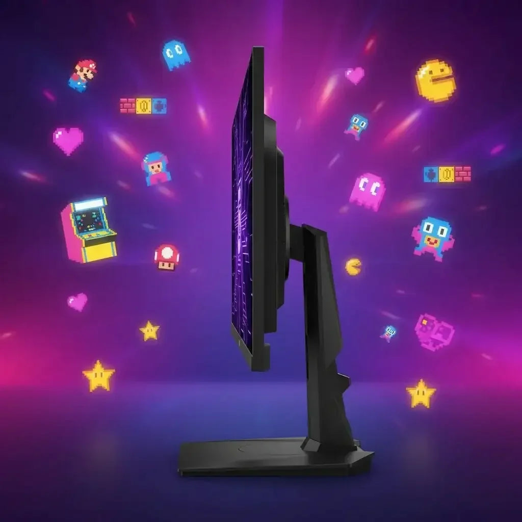 Side view gaming monitor with retro pixel art video game icons on a neon purple background
