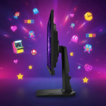 Side view gaming monitor with retro pixel art video game icons on a neon purple background