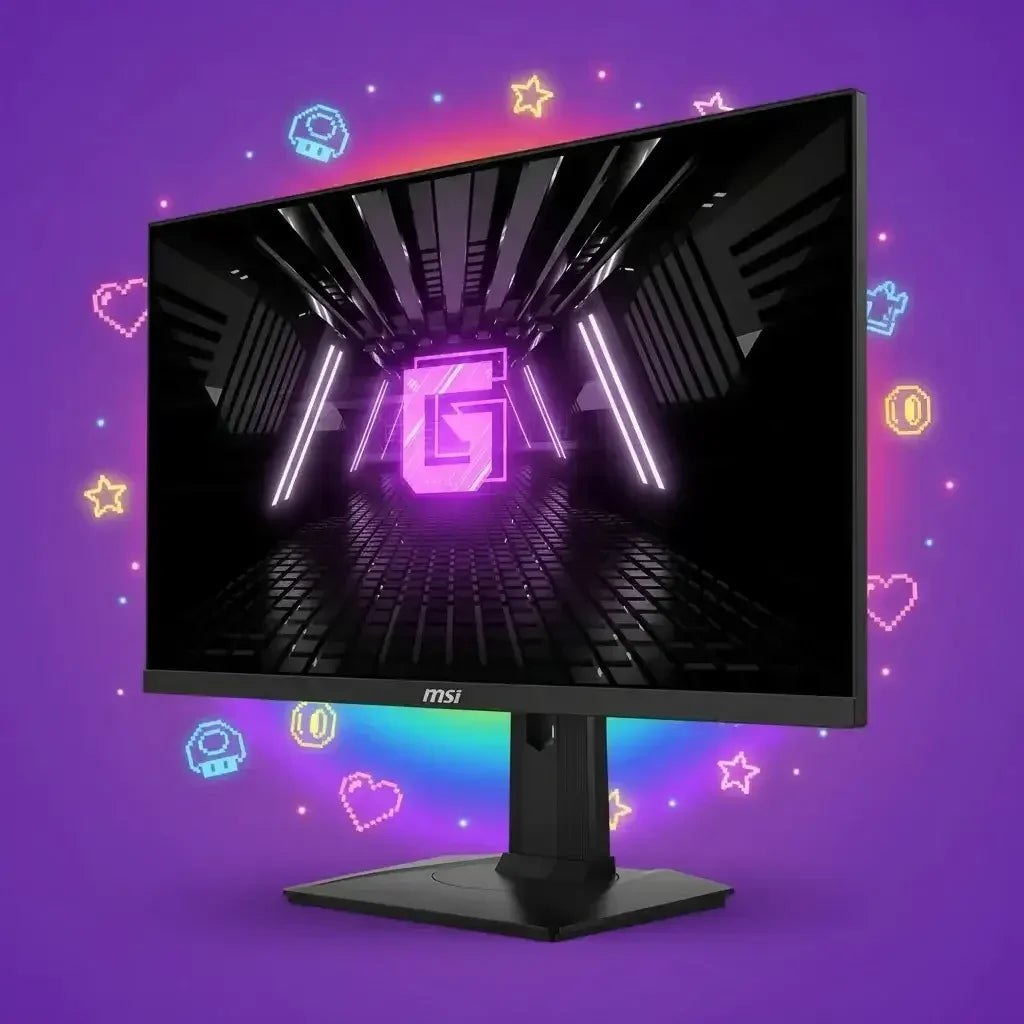 MSI gaming monitor with neon graphics and pixel icons on a purple background