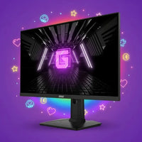 MSI gaming monitor with neon graphics and pixel icons on a purple background