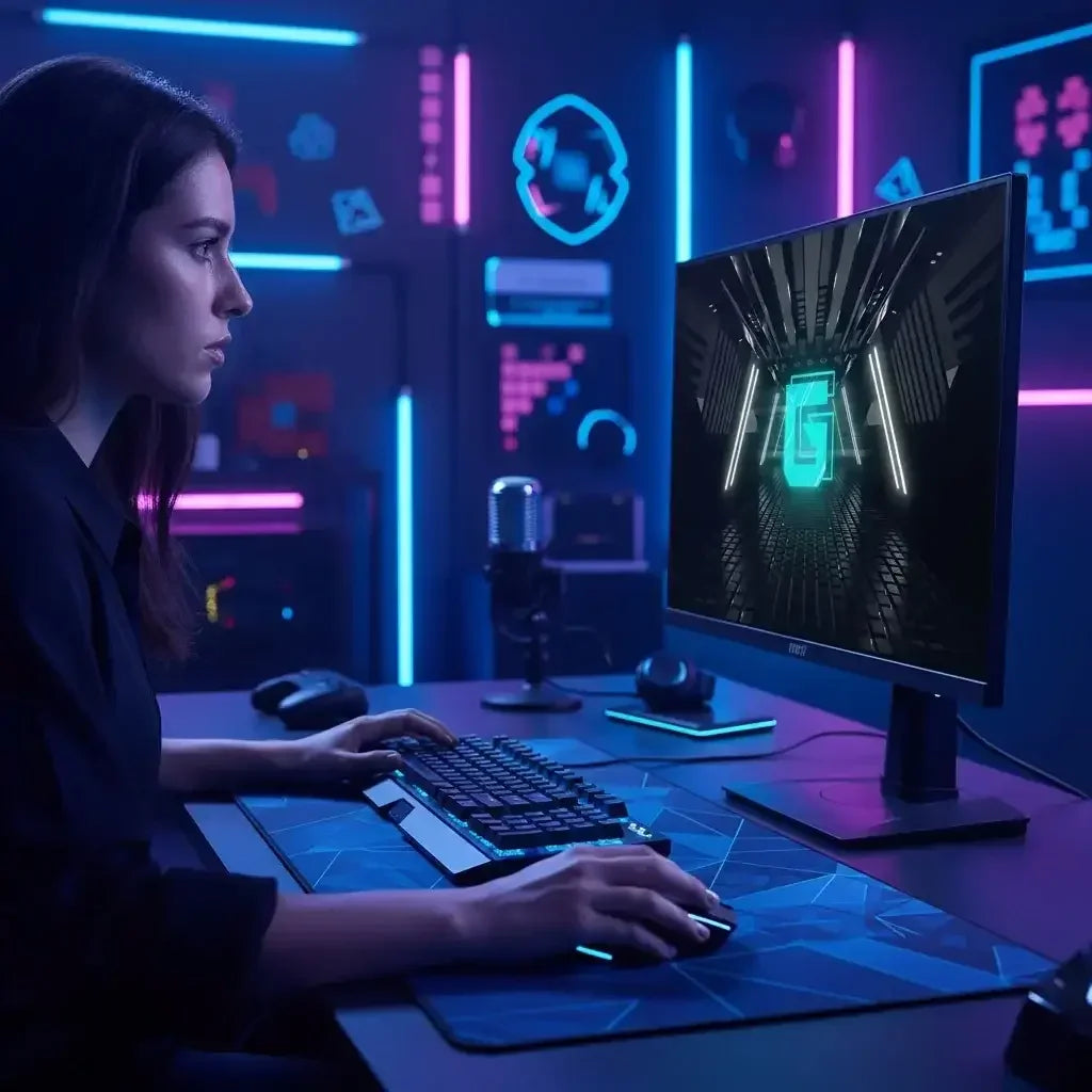 Woman gaming at RGB-lit desktop setup with monitor, keyboard, and neon lights in dark room