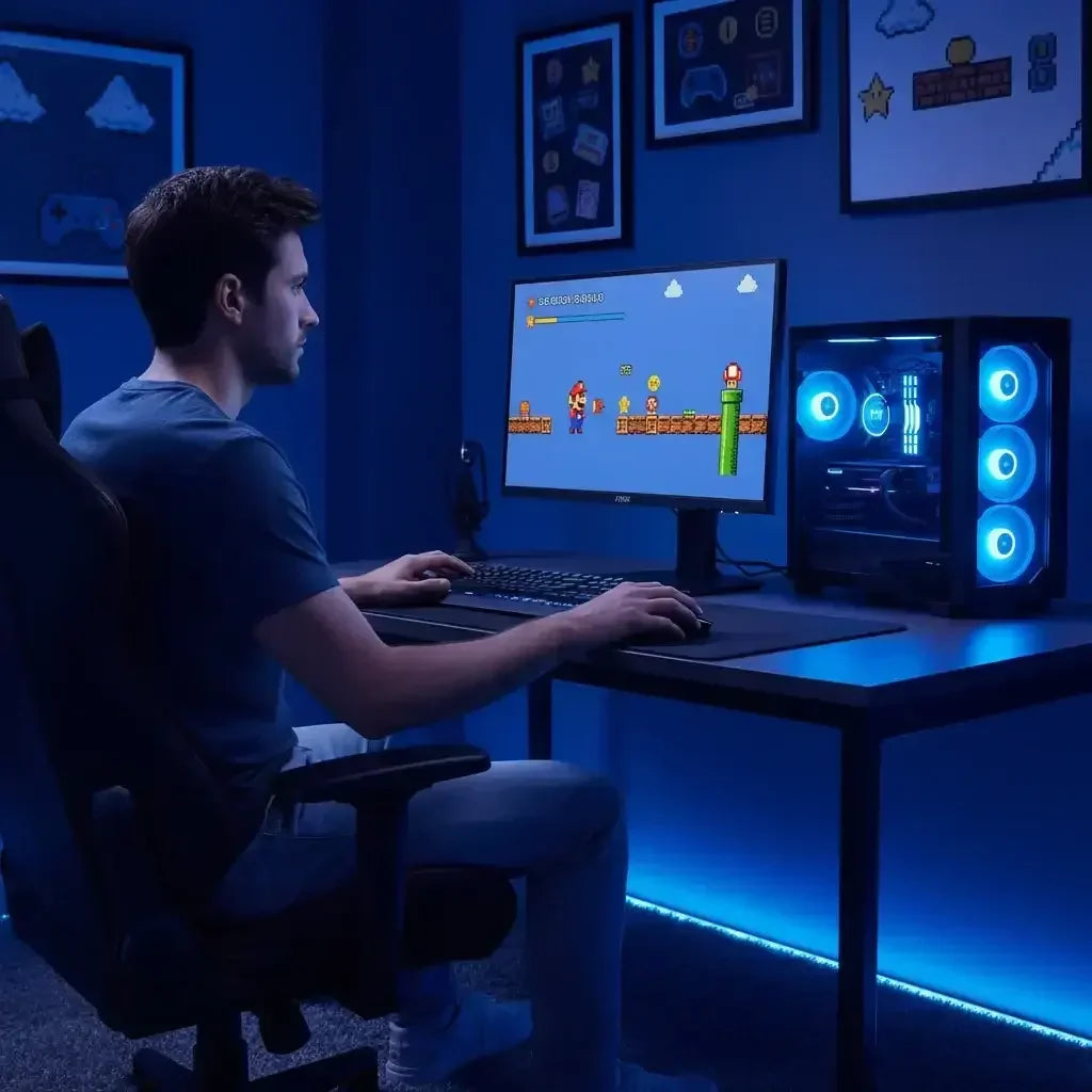 Man gaming at desk with RGB PC, blue-lit room, playing retro platform game on monitor