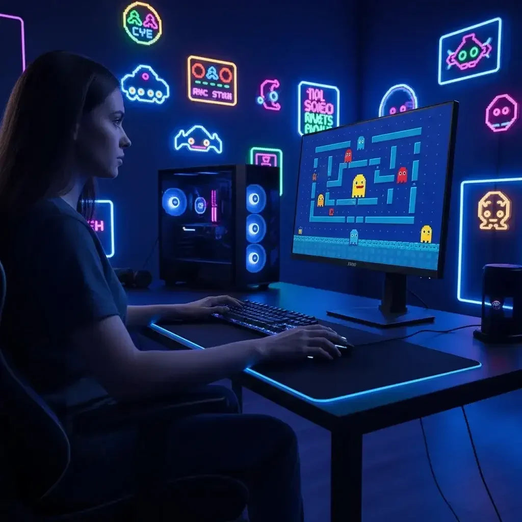 Woman playing retro arcade game on computer in neon-lit gaming room with colorful LED lights