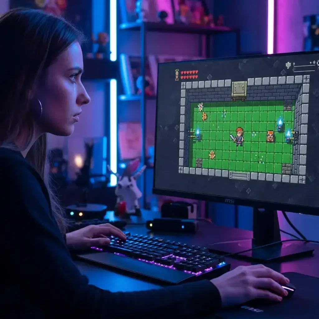 Woman playing pixel art RPG game on desktop computer in neon-lit gaming room
