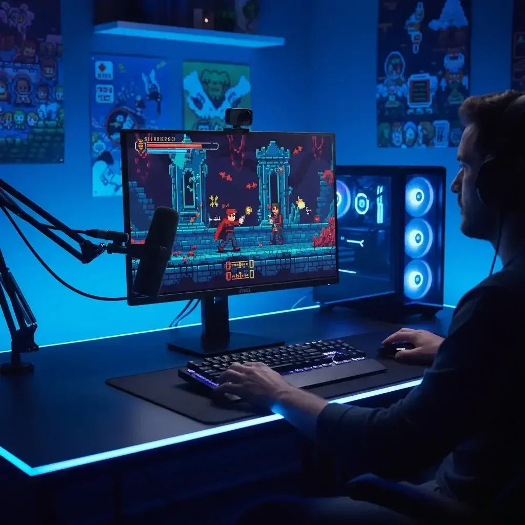 Gamer streaming pixel art game in blue-lit setup with PC, monitor, and microphone