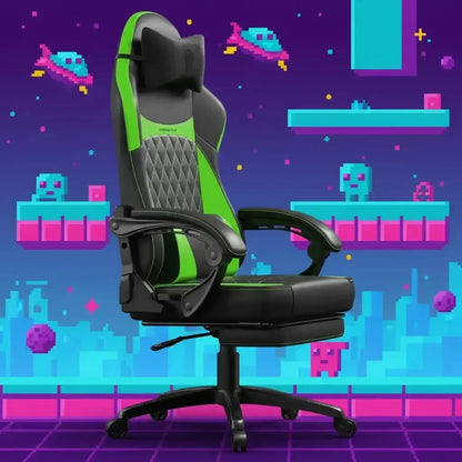 Black and green gaming chair with headrest in front of retro pixel art video game background