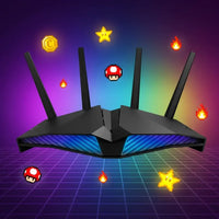 Gaming WiFi router with antennas, neon grid background, pixel art mushrooms, stars, flames, and coin