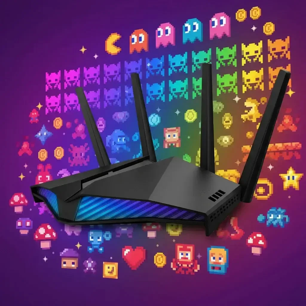 Wi-Fi gaming router with four antennas and colorful retro video game pixel art background