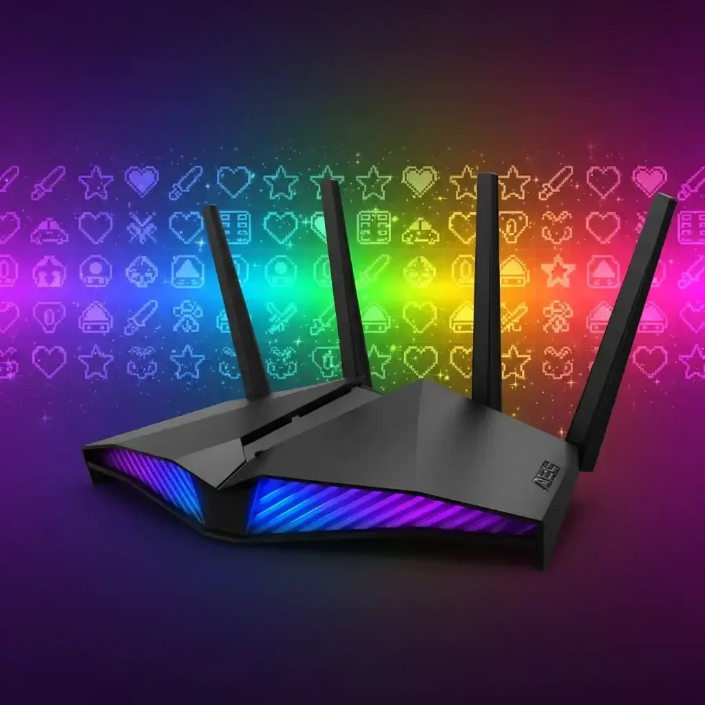 Gaming WiFi router with colorful LED lights, black design, rainbow icons background