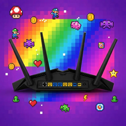 WiFi router with four antennas, pixel art video game icons and rainbow background