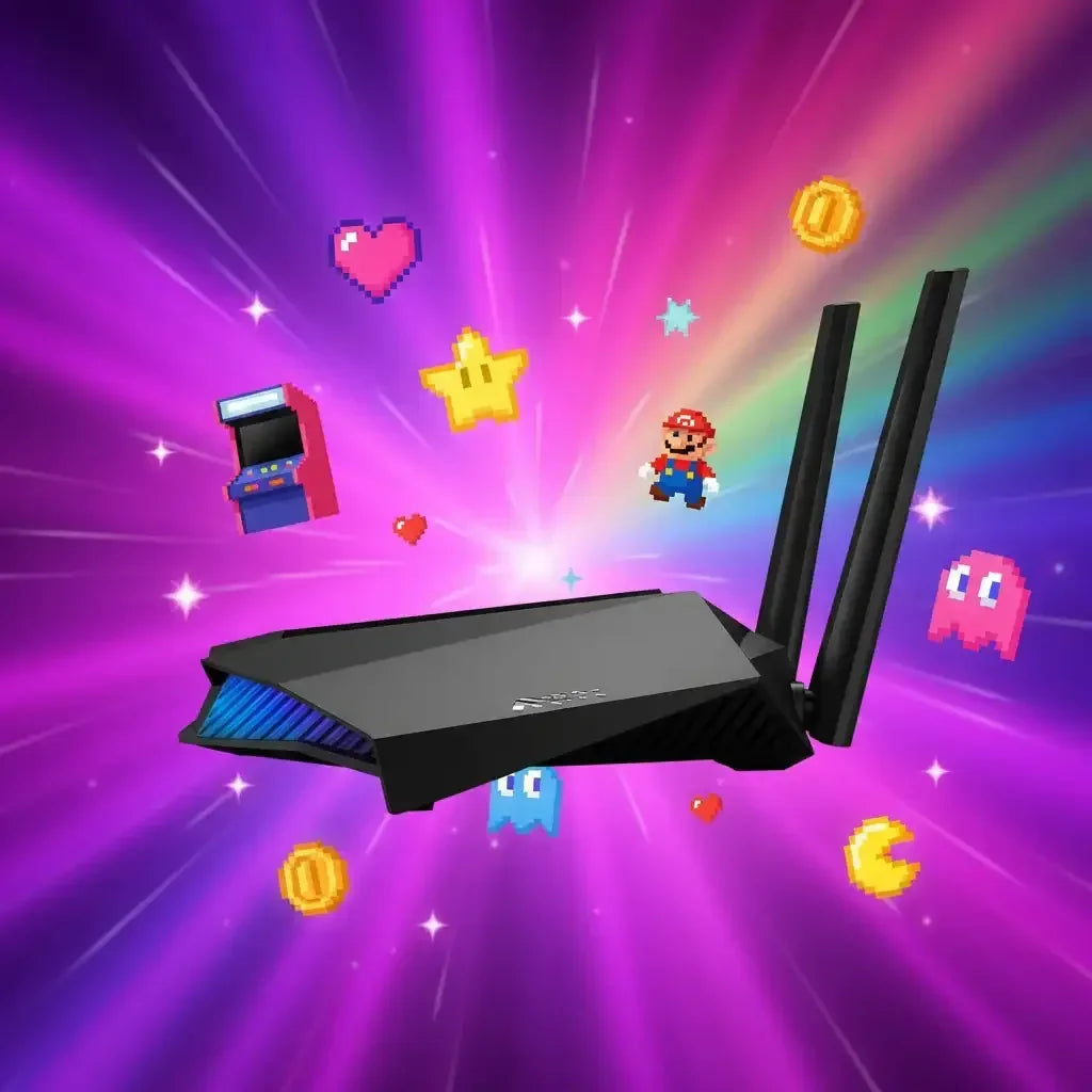 Gaming WiFi router with retro arcade icons and pixel art on a vibrant purple background